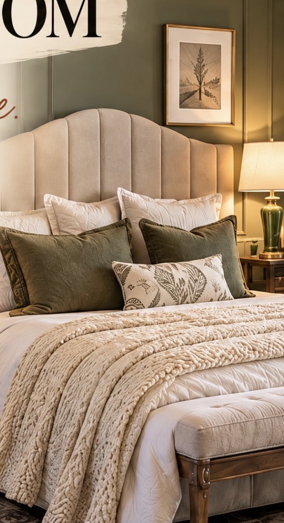 Inviting bedroom with olive accent wall and layered cream bedding