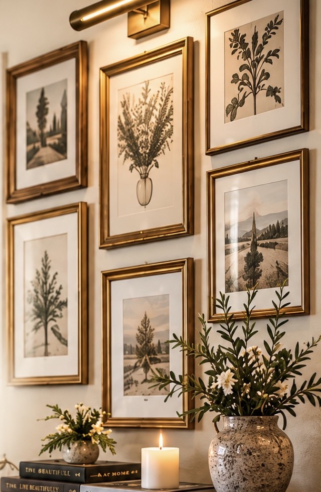 Elegant gallery wall of botanical artwork in warm gold frames